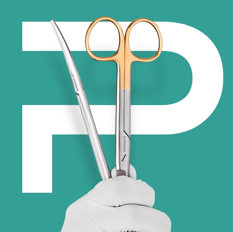 Aprikos Medical logo of a P with medical instruments over